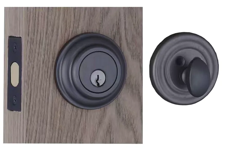 Standard US deadbolt installed with strike plate and thumb turn