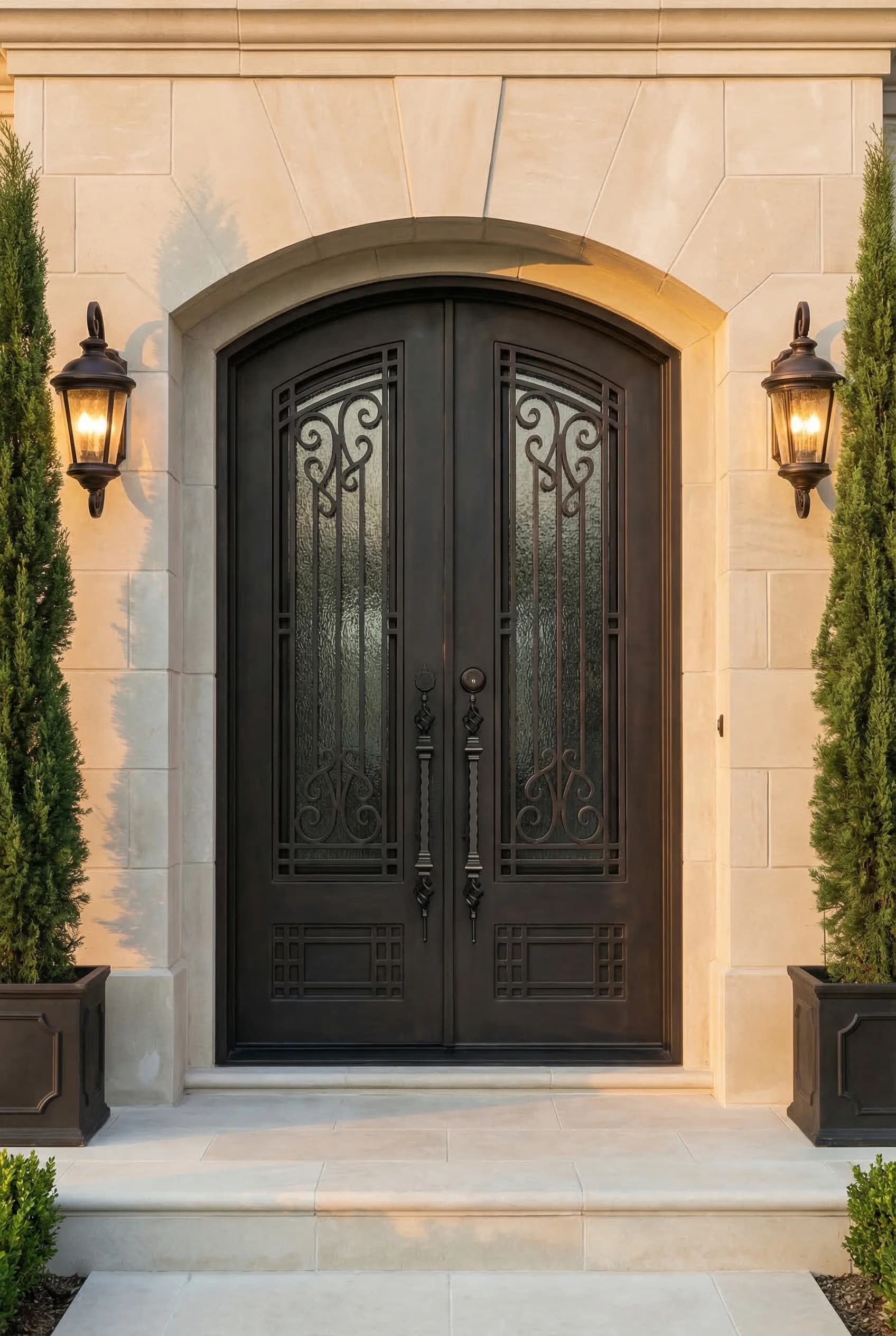 Eyebrow top iron door in luxury stone entry